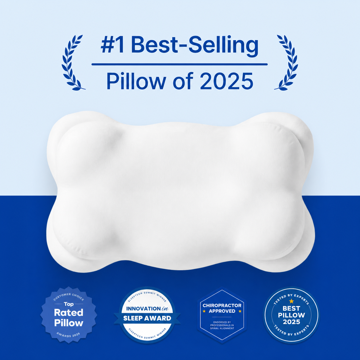 White CloudAlign pillow with award artwork